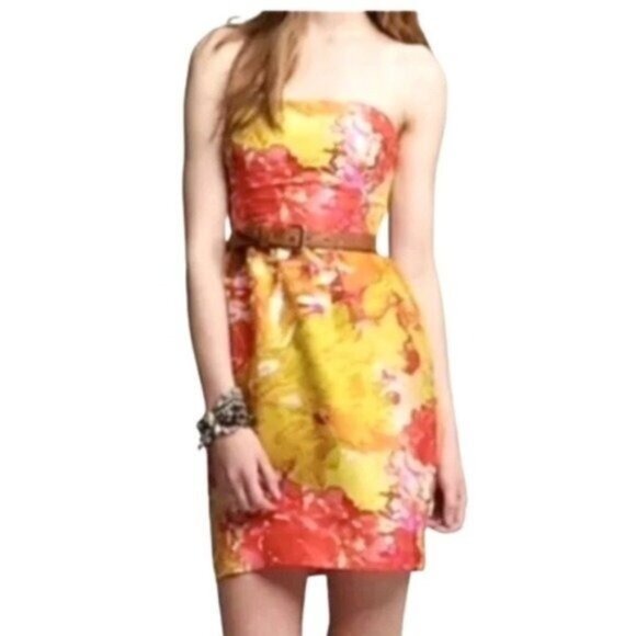 J.Crew Strapless 100% Silk Yellow and Orange Floral Mini Sheath Dress Size 0 - Picture 1 of 6